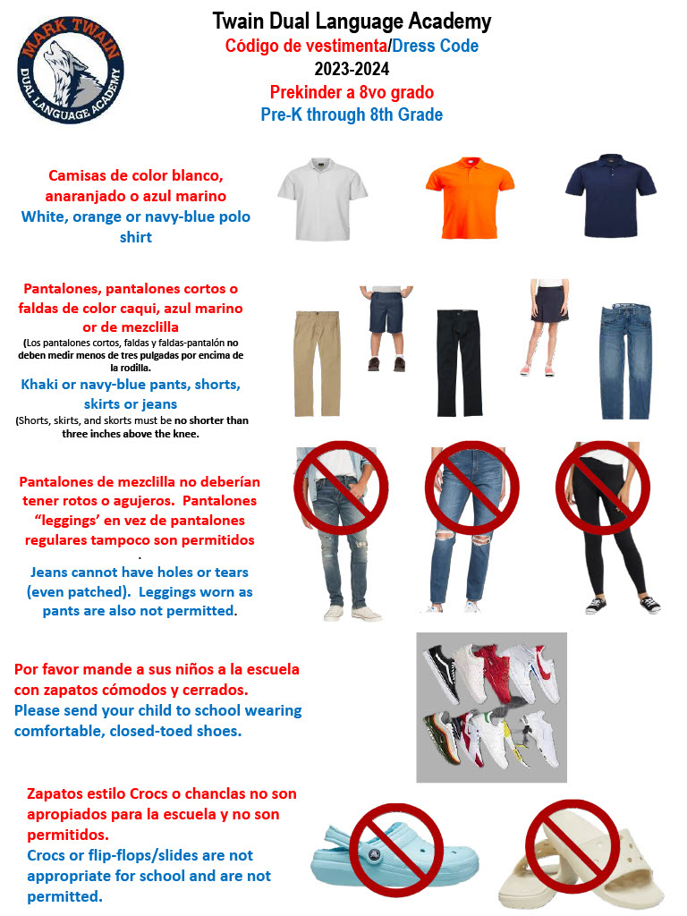 describing school uniforms with orange, blue and white shirts and blue and khaki pants with blue jeans.